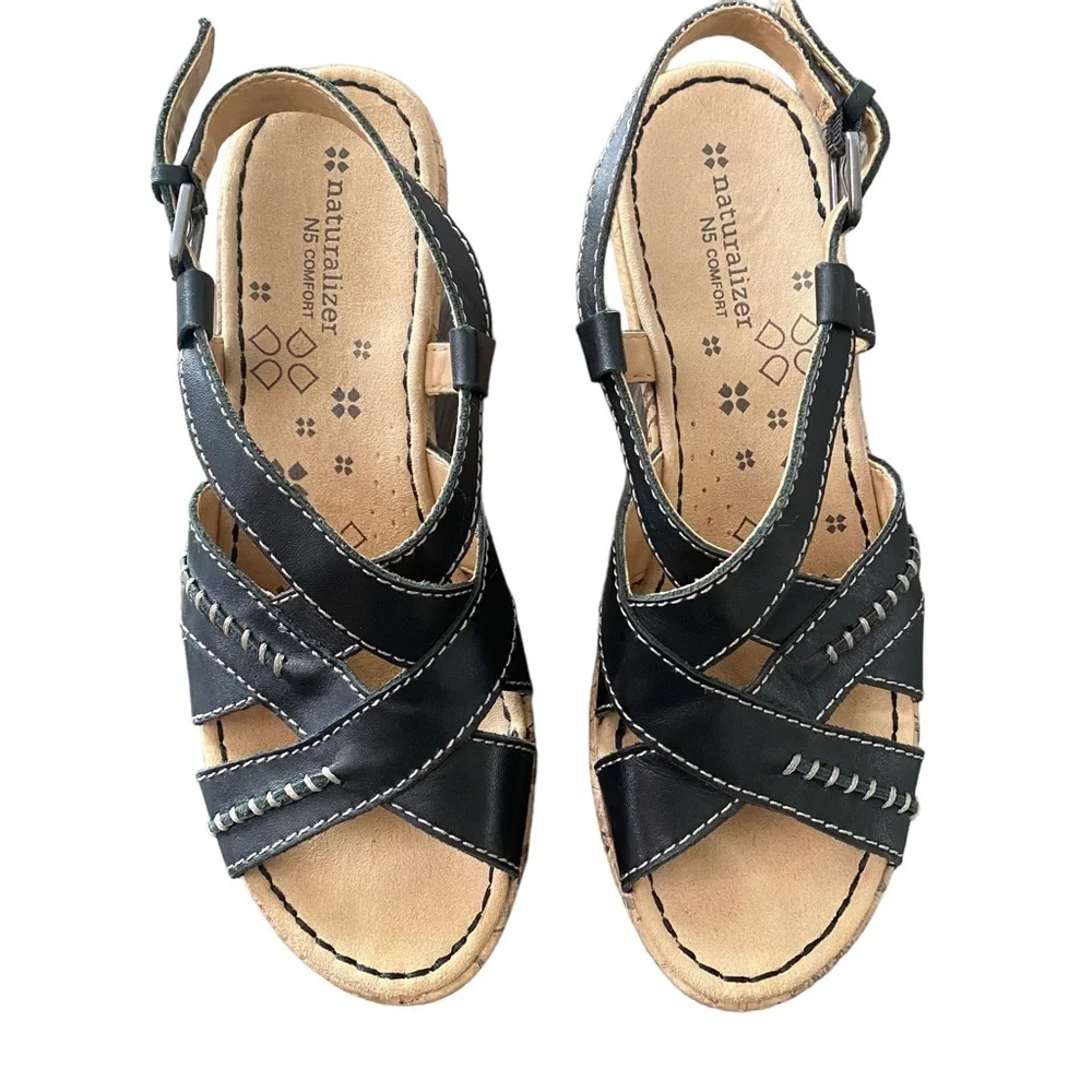 Naturalizer N5 Comfort Black Leather Strappy Cork Wedge Heel Sandal 9.5